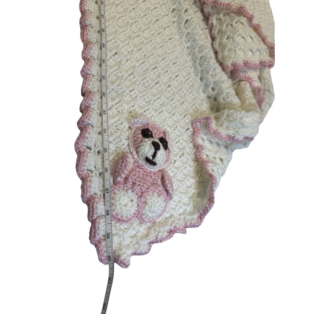 Vintage Handmade CROCHET AFGHAN BABY BLANKET Cream Pink Border 38"X 42" Bear‎ - Picture 3 of 9